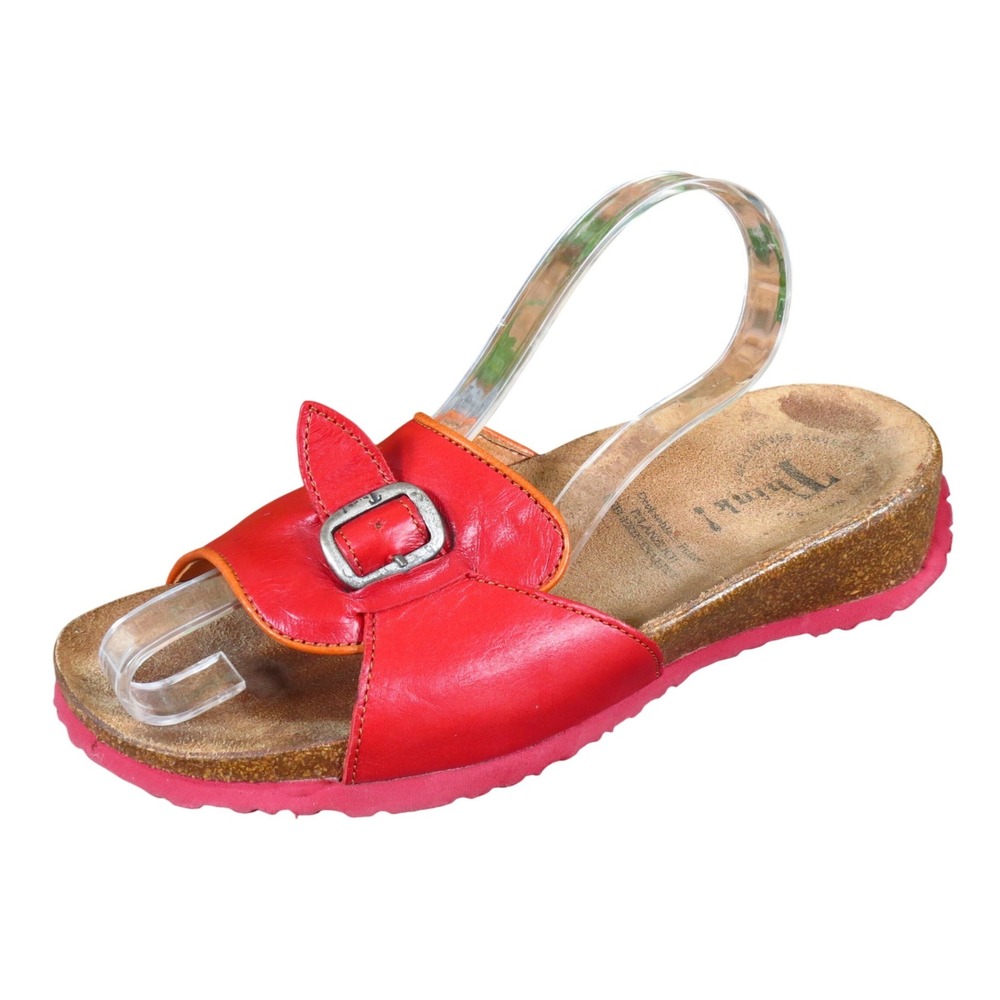 Think! Julia Women Slide Sandals Size 36 Red Leather Comfort‎ Cork Wedge Shoes